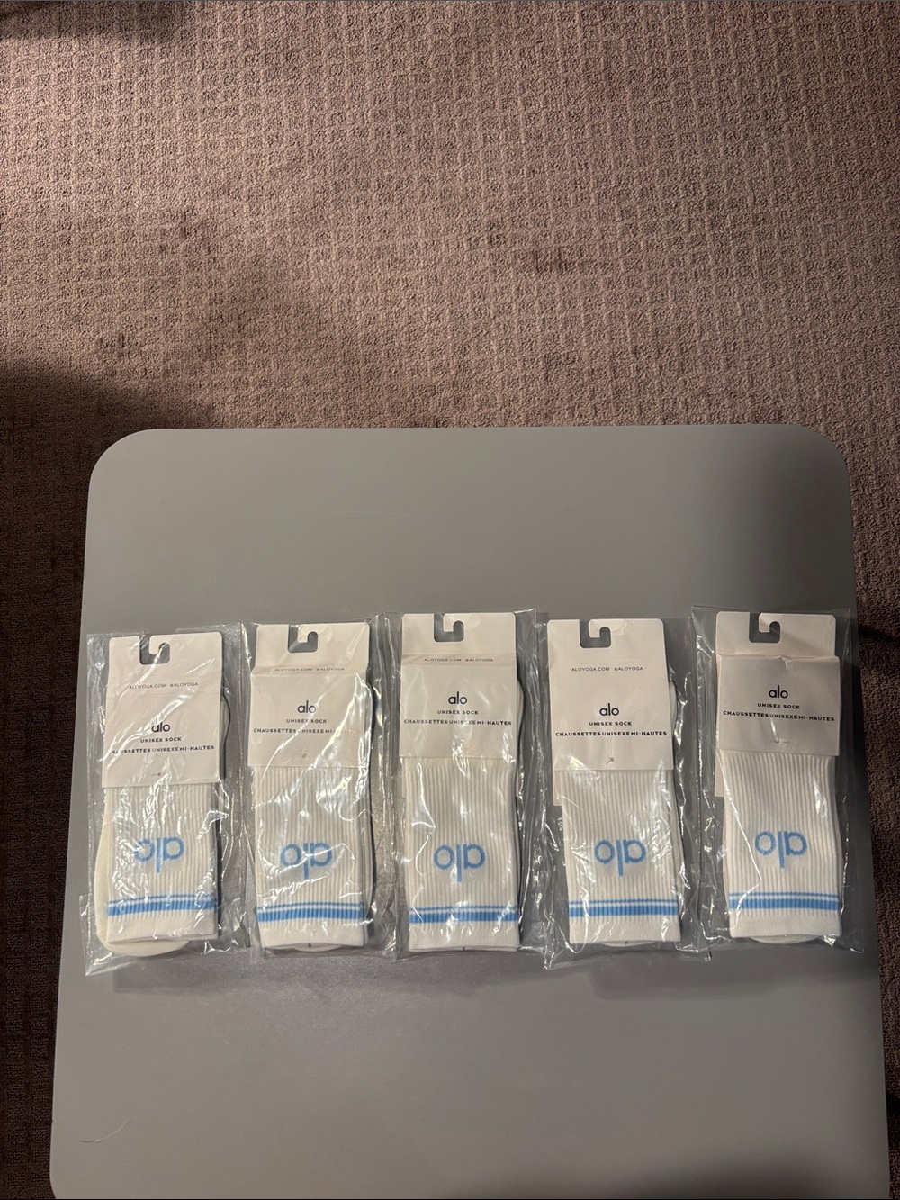 ALO Yoga White Crew Socks with Light Blue Accent - 5 Pack $10 each